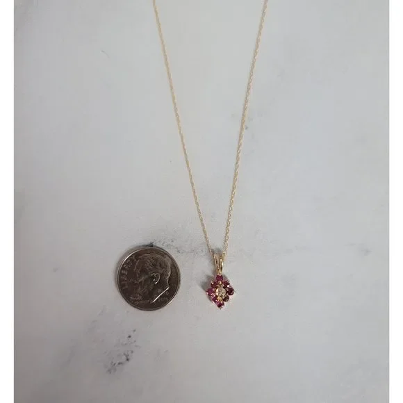 Ruby Cluster Vintage Style Necklace 10k Yellow Gold